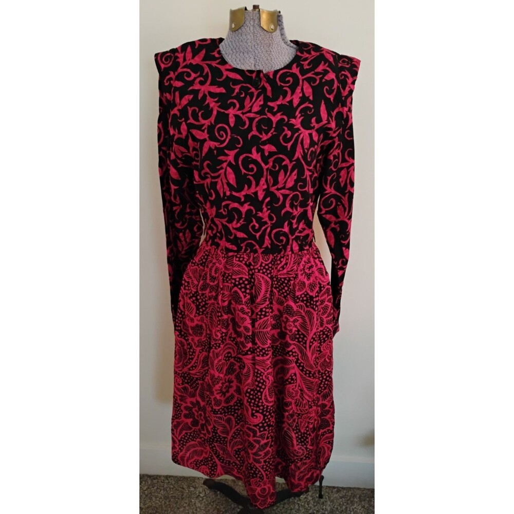 Vtg 80s California Girl Midi Dress Red Black Floral Round Neck Secretary 4/6